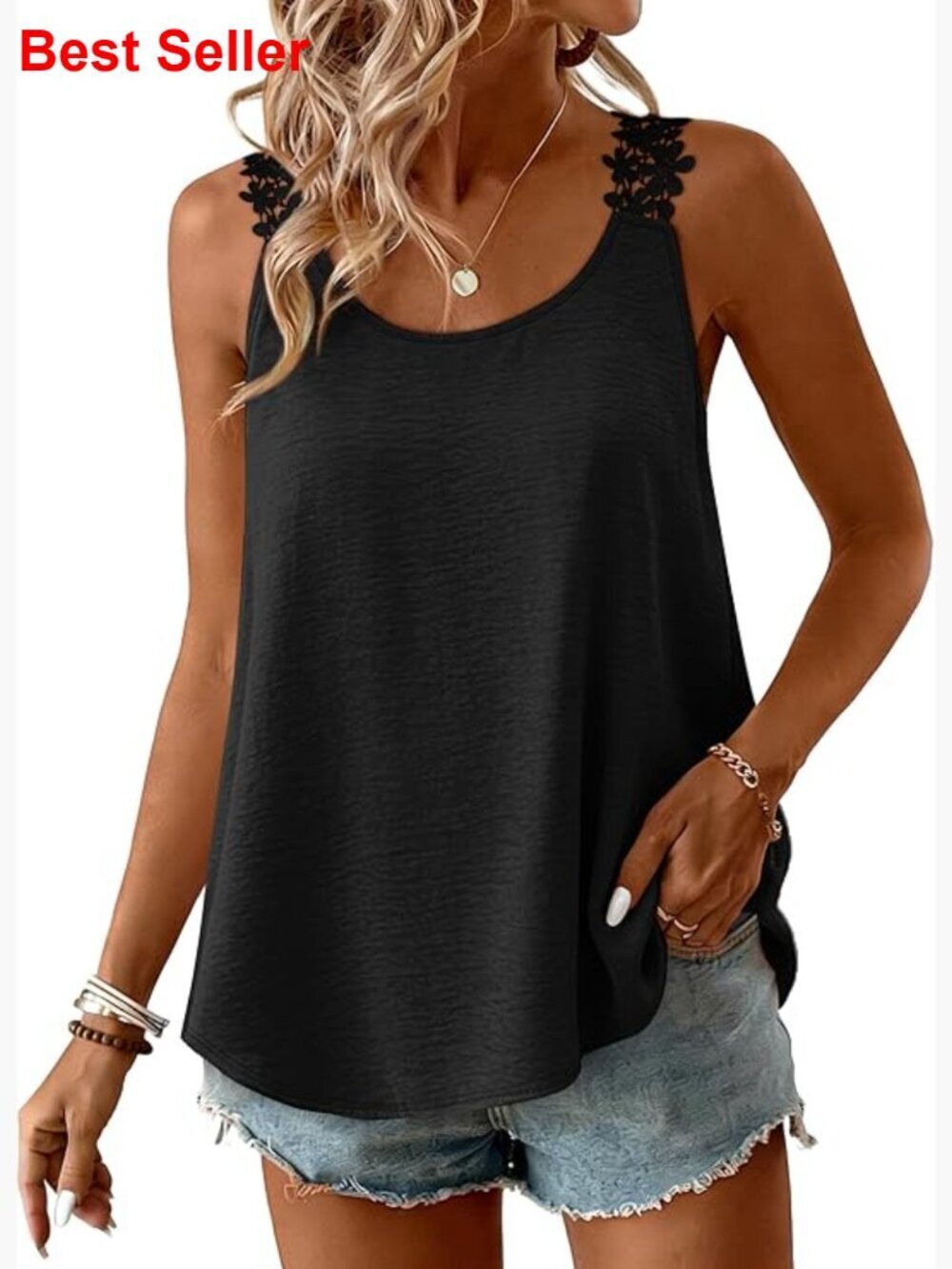 Loose Fit Crew Neck Sleeveless Tank Top with Lace Camisole Chiffon